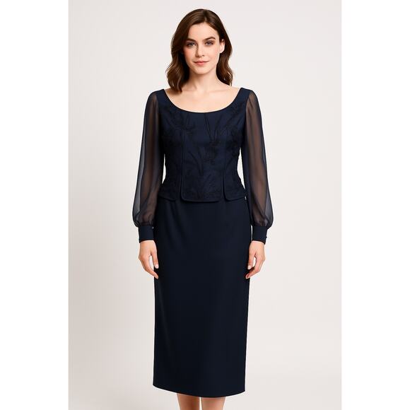 1990s Eve of Milady Navy Beaded Evening Dress with Sheer Sleeves M - L - Picture 1 of 14